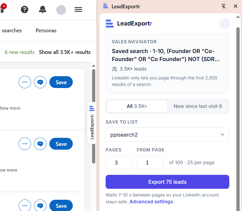 The LeadExportr side panel on a Sales Navigator search, ready to export